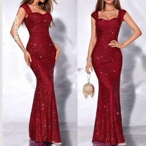 Luxurious zip back mermaid hem sequins formal party evening prom dress burgundy